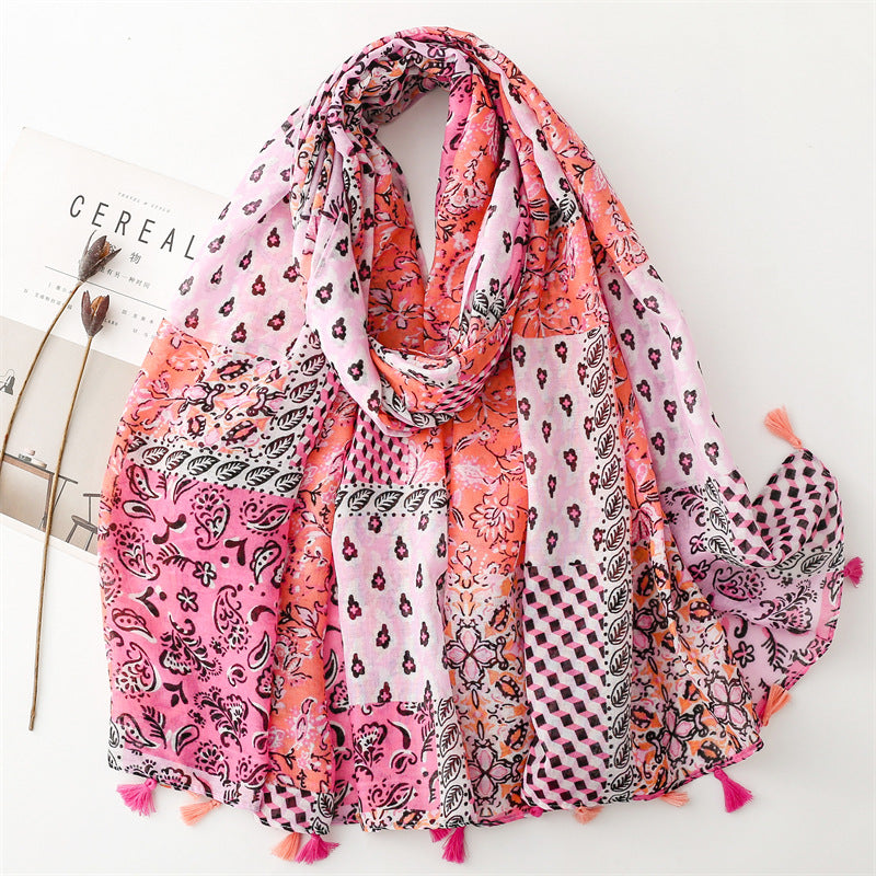 Vintage Wear Accessories Cotton and Linen Feel Bali Yarn Scarf Ethnic Style Pink Cashew Nut Flower Fringed  Scarf Shawl Women