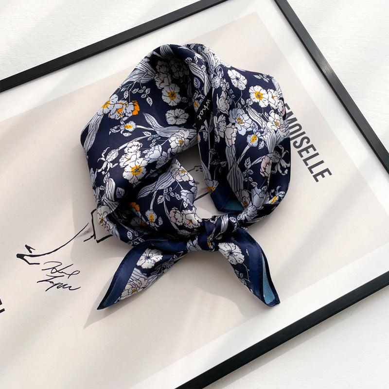 Navy Blue Chiffon Flower 100% mulberry Silk Scarf/Silk head scarf/Silk hair scarf/Silk neck scarf/Mother&