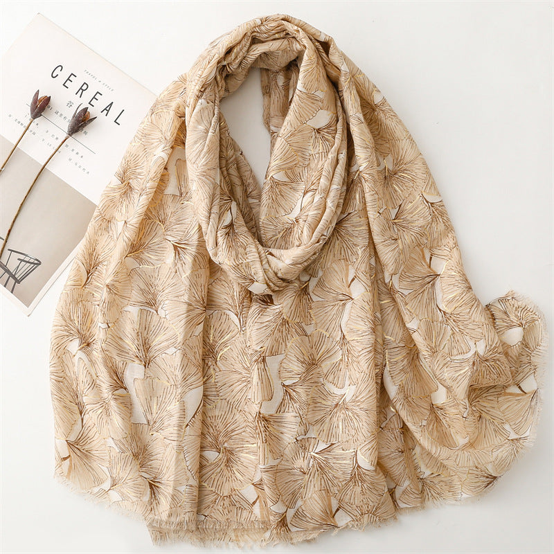 Autumn and winter cotton and linen feel scarf bronzing snow ginkgo biloba leaves burr  scarf warm shawl