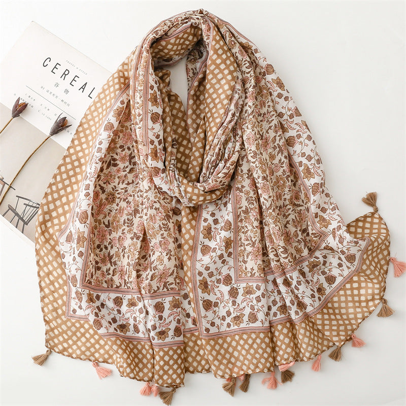 Spring and summer new cotton and linen feel scarf celebrity style hibiscus flower fringed  scarf warm shawl