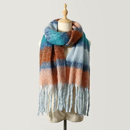 Striped Scarf for Women Autumn and Winter High-Grade Vegan Mohair Colorful Warm All-Matching Shawl Atmosphere Trendy Scarf