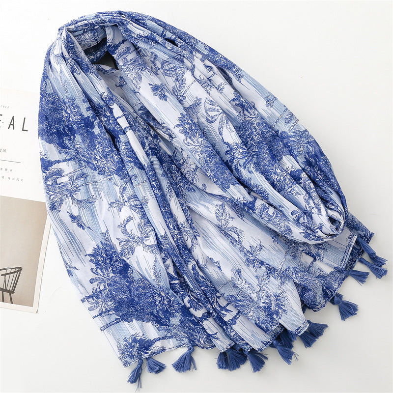 Scarf travel sunscreen  scarf Hanfu accessories photo retro ethnic style blue blue and white porcelain bronzing shawl