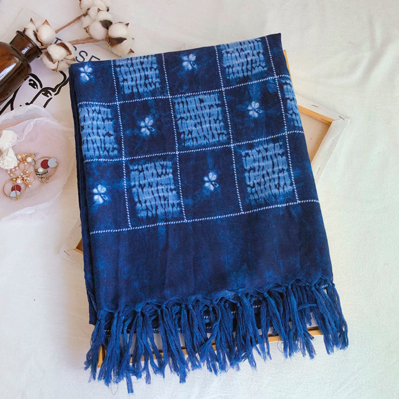 Four Seasons Ethnic Style Tie-Dyed Scarf, Hand-Knotted Tassel Shawl, Travel Decoration Scarf, Lightweight Gauze Kerchief