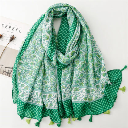 Spring and summer new cotton and linen feel scarf celebrity style hibiscus flower fringed  scarf warm shawl