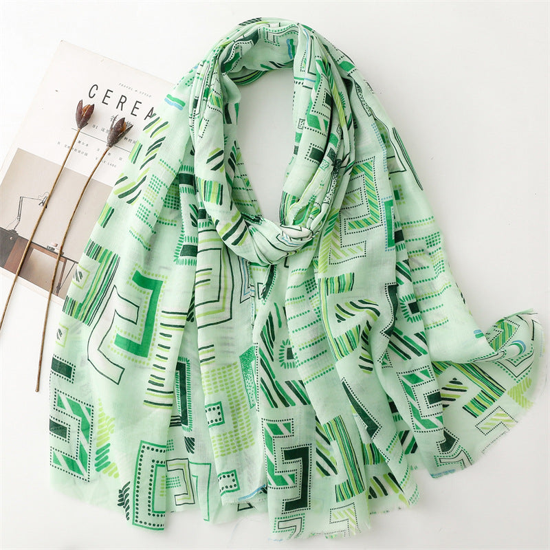 Spring and summer thin cotton and linen feel scarf colored magnet geometric  scarf shawl women