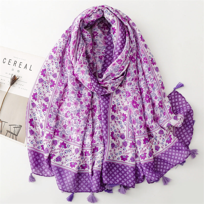 Spring and summer new cotton and linen feel scarf celebrity style hibiscus flower fringed  scarf warm shawl