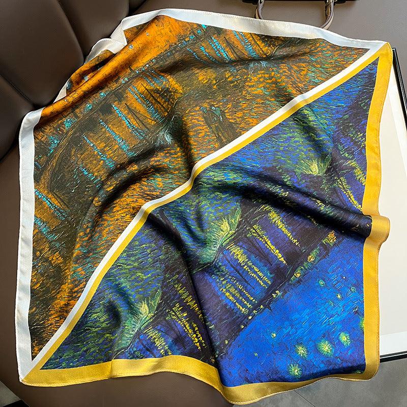 Two-color patchwork oil painting 100% mulberry Silk Scarf/Silk head scarf/Silk hair scarf/Silk neck scarf/Mother&