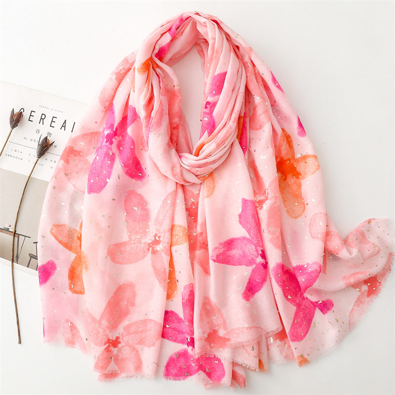 Autumn and winter cotton and linen feel scarf bronzing wing plum flower rough edge  scarf warm shawl women