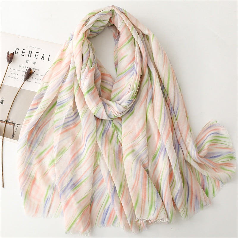 Spring and summer thin cotton and linen feel scarf colored striped geometric  scarf warm shawl women