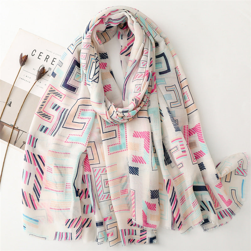 Spring and summer thin cotton and linen feel scarf colored magnet geometric  scarf shawl women