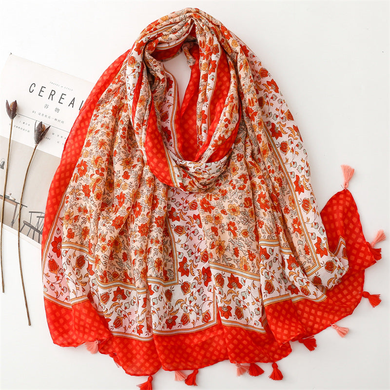 Spring and summer new cotton and linen feel scarf celebrity style hibiscus flower fringed  scarf warm shawl