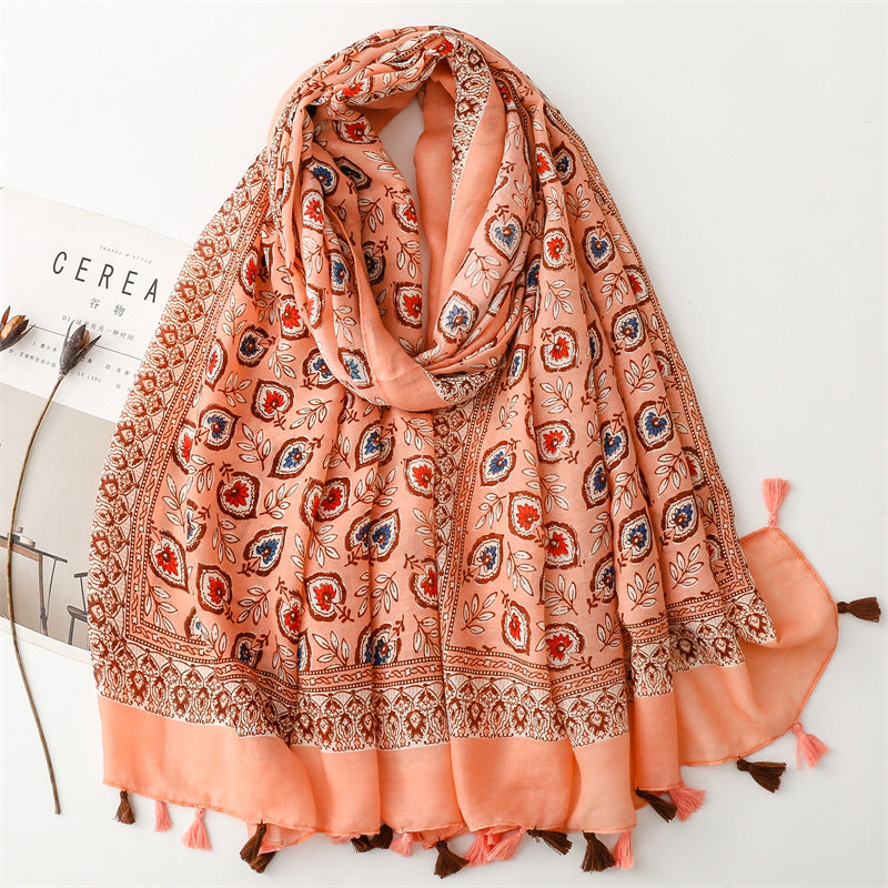 Spring and summer new cotton and linen feel scarf celebrity style shell flower fringed  scarf warm shawl