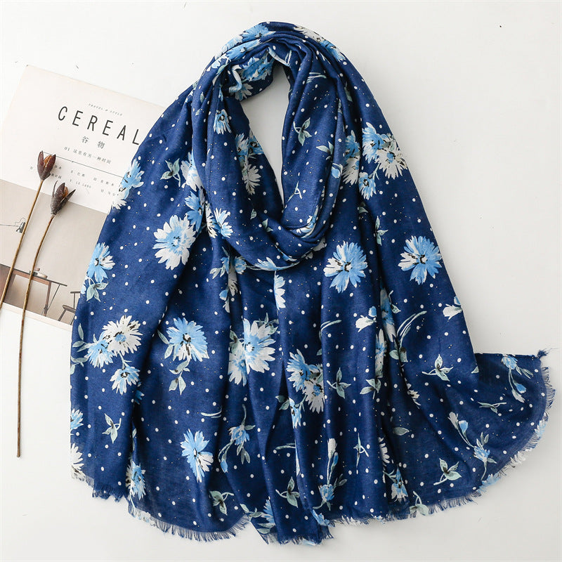 Autumn and winter cotton and linen feel scarf bronzing polka dots small flower burr edge  scarf warm shawl women