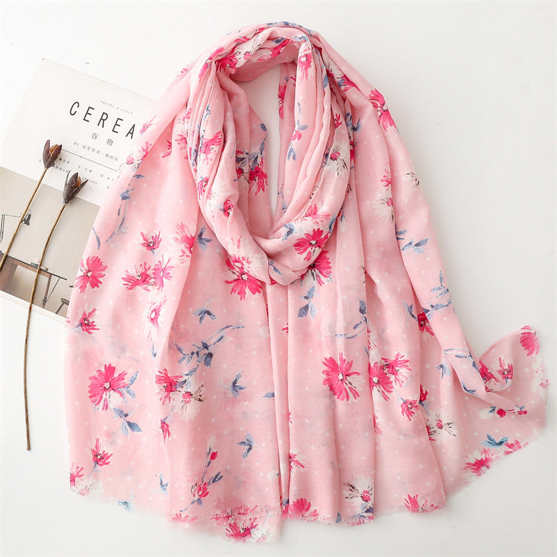 Autumn and winter cotton and linen feel scarf bronzing polka dots small flower burr edge  scarf warm shawl women