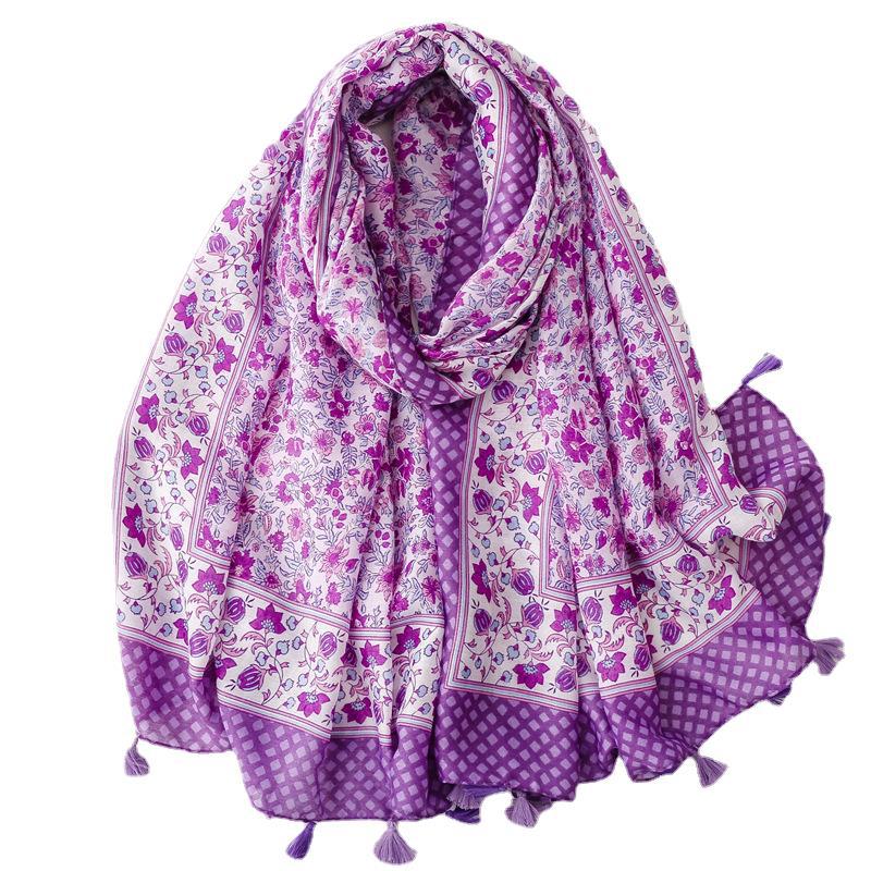 Spring and summer new cotton and linen feel scarf celebrity style hibiscus flower fringed  scarf warm shawl