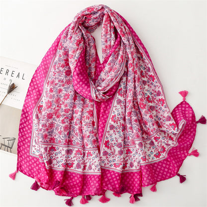 Spring and summer new cotton and linen feel scarf celebrity style hibiscus flower fringed  scarf warm shawl