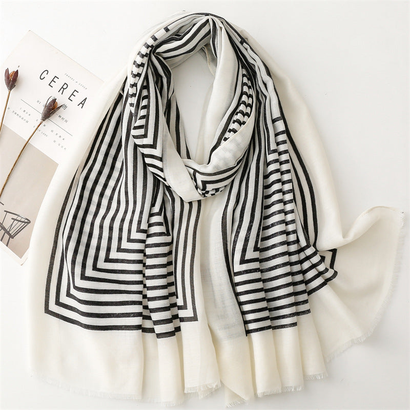 Spring and summer thin cotton and linen feel scarf colored striped rough edge  scarf warm shawl women