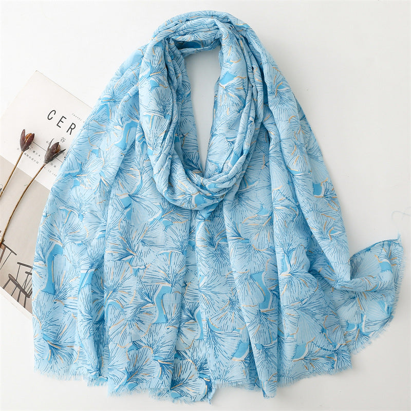 Autumn and winter cotton and linen feel scarf bronzing snow ginkgo biloba leaves burr  scarf warm shawl