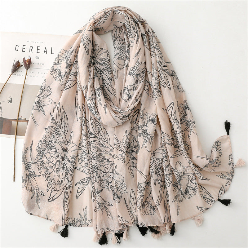 Scarf travel sunscreen  scarf Hanfu accessories photo retro ethnic style khaki big flower bronzing shawl