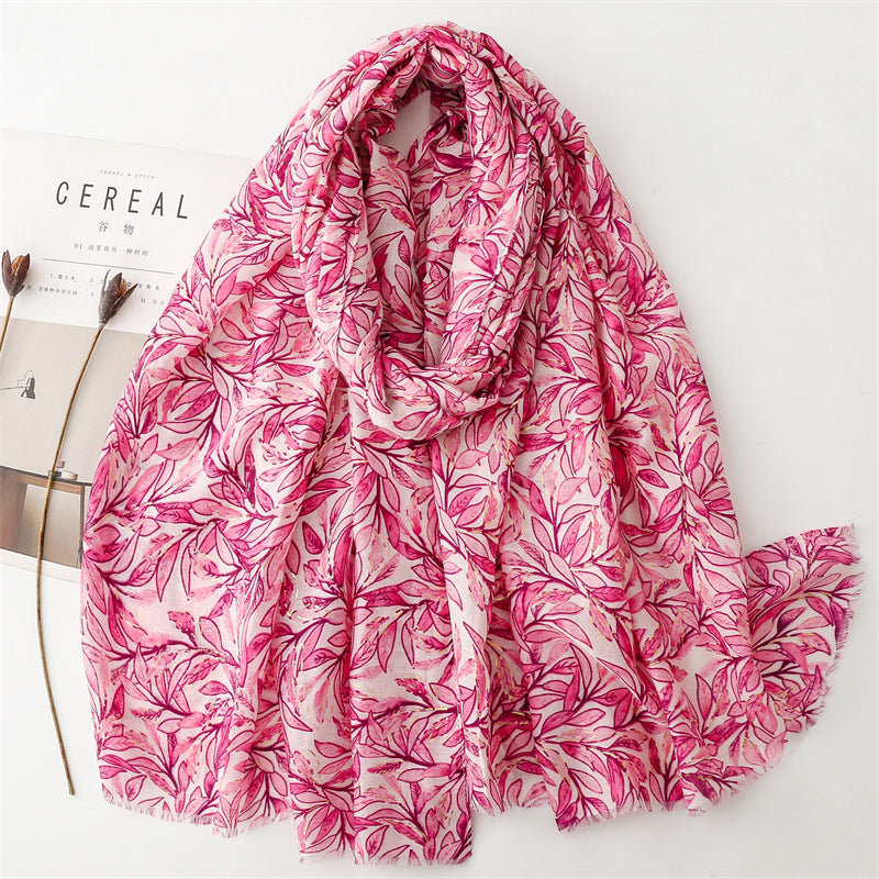 Autumn and winter cotton and linen feel scarf bronzing bamboo leaf green leaf rough edge  scarf warm shawl women