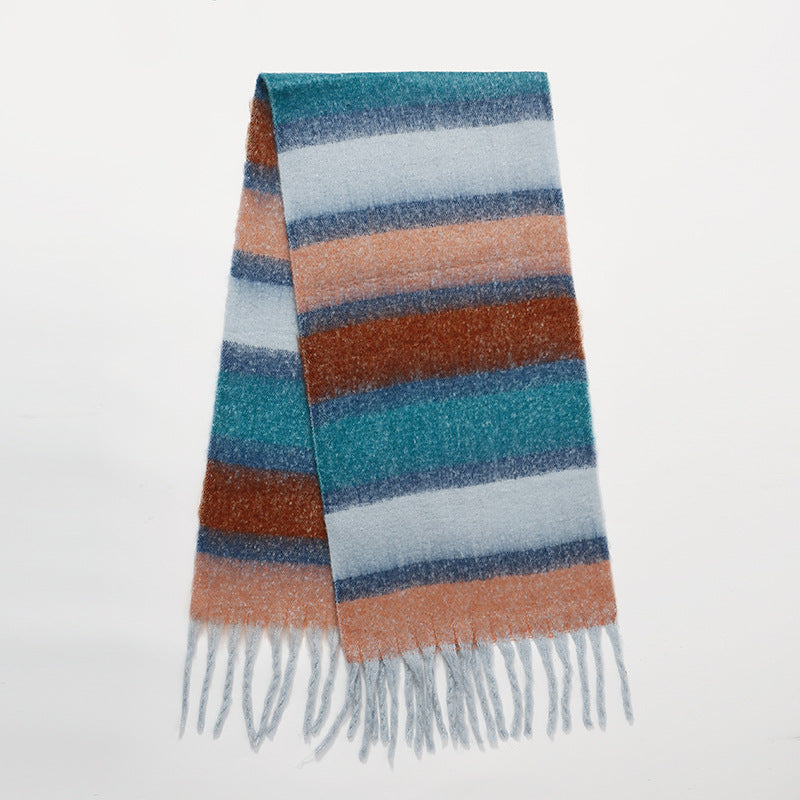 Striped Scarf for Women Autumn and Winter High-Grade Vegan Mohair Colorful Warm All-Matching Shawl Atmosphere Trendy Scarf