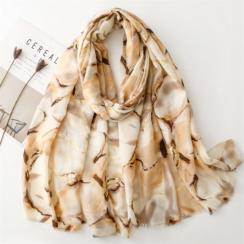 Autumn and winter cotton and linen feel scarf bronzing water flower ink painting rough edge  scarf warm shawl