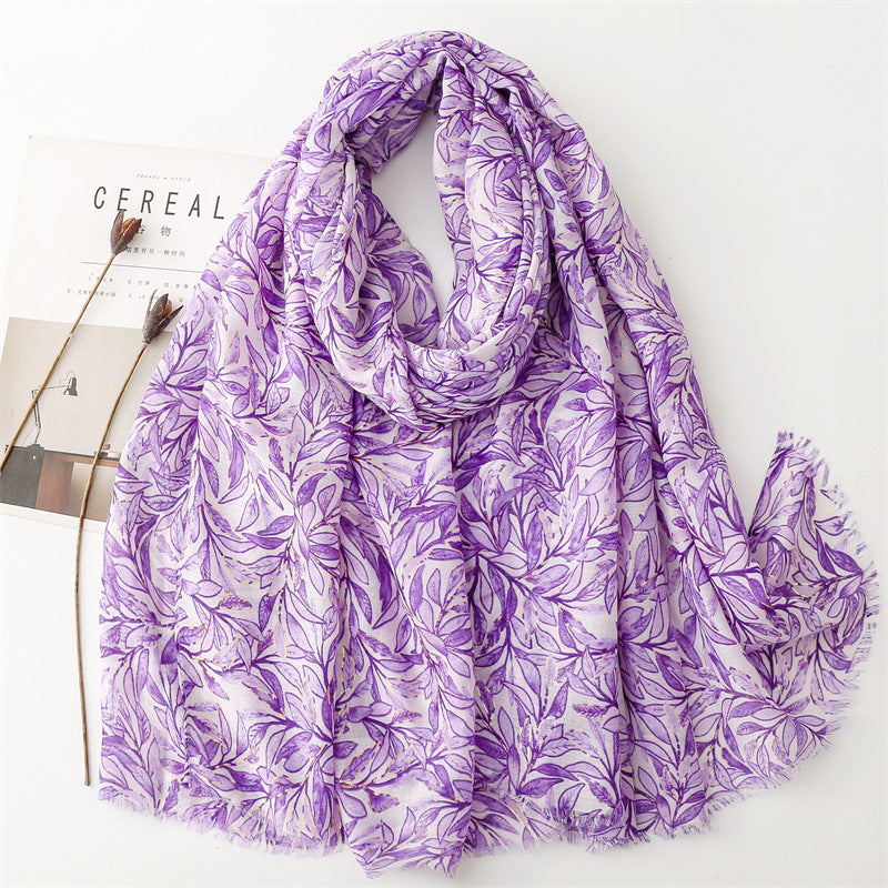 Autumn and winter cotton and linen feel scarf bronzing bamboo leaf green leaf rough edge  scarf warm shawl women