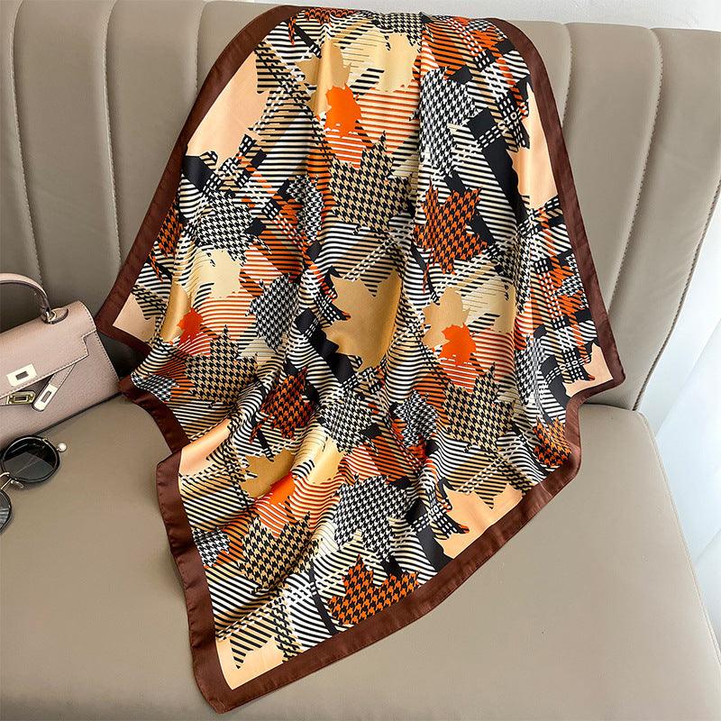 Korean Style Thousand Bird Check 70cm square scarf, Silk textured scarf, Sun protection satin scarf, Neck scarf, Satin Shawl, Gift