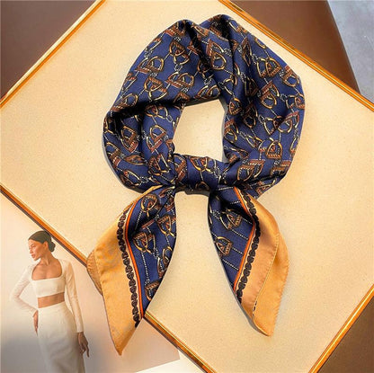 Jewel blue stirrup pattern 70cm square scarf, Silk textured scarf, Sun protection satin scarf, Neck scarf, Satin Shawl, Gift