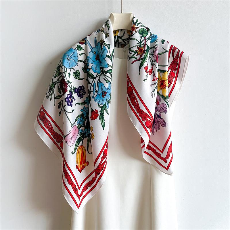 White Floral Butterfly Chic Large Satin Scarf | 90x90cm Bandana | Twill Satin Shawl | Perfect Gift for Her, Mother&