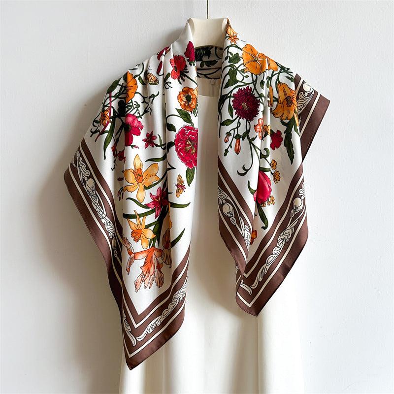 White Floral Butterfly Chic Large Satin Scarf | 90x90cm Bandana | Twill Satin Shawl | Perfect Gift for Her, Mother&