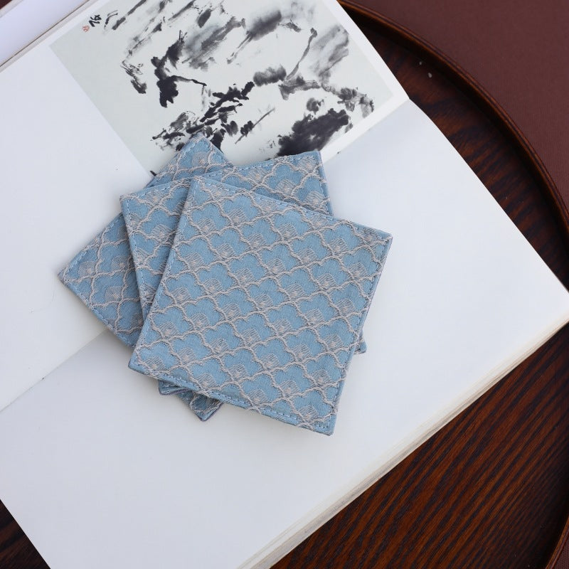 Set of 2 Traditional Chinese Square Damask Coasters, Heat Insulating, 9x9cm ,Handmade Wabi-Sabi Tea Coasters, Heat Insulating, Asian Aesthetic Napkin Coasters