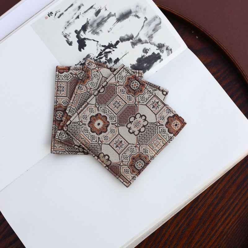 Set of 2 Traditional Chinese Square Damask Coasters, Heat Insulating, 9x9cm ,Handmade Wabi-Sabi Tea Coasters, Heat Insulating, Asian Aesthetic Napkin Coasters