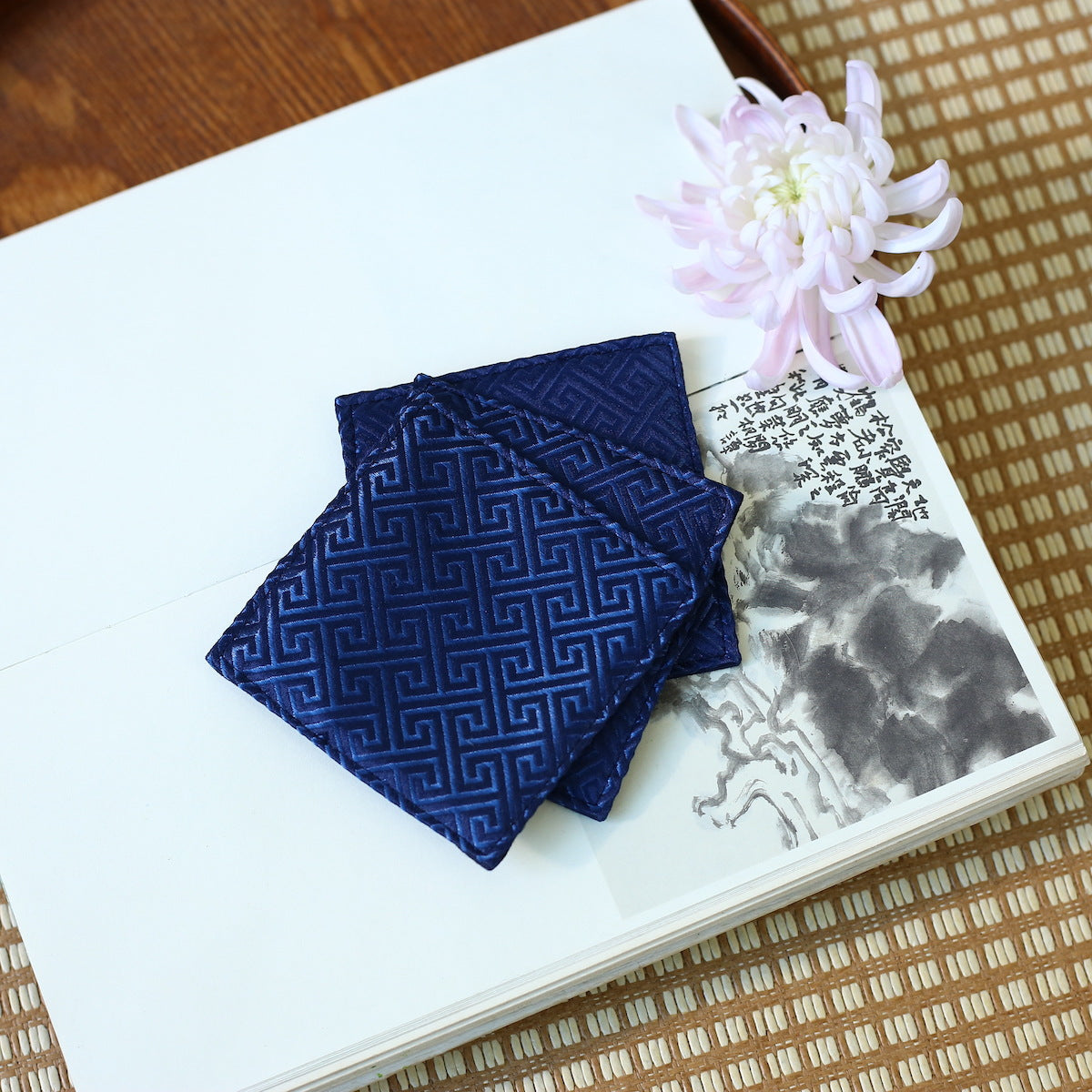 Set of 2 Traditional Chinese Square Damask Coasters, Heat Insulating, 9x9cm ,Handmade Wabi-Sabi Tea Coasters, Heat Insulating, Asian Aesthetic Napkin Coasters