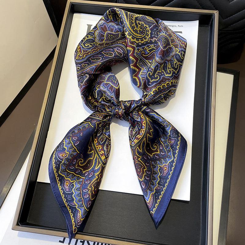 Navy blue paisley pattern mulberry silk scarf/65CM 100% mulberry silk scarf/Silk shawl/Gift for her