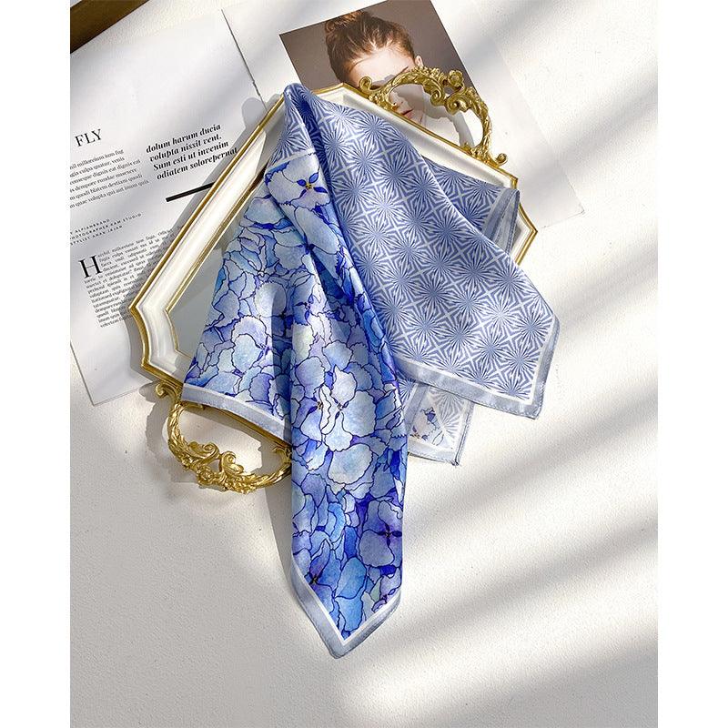 Blue flowers 100% mulberry Silk Scarf/Silk head scarf/Silk hair scarf/Silk neck scarf/Mother&