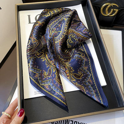 Navy blue paisley pattern mulberry silk scarf/65CM 100% mulberry silk scarf/Silk shawl/Gift for her