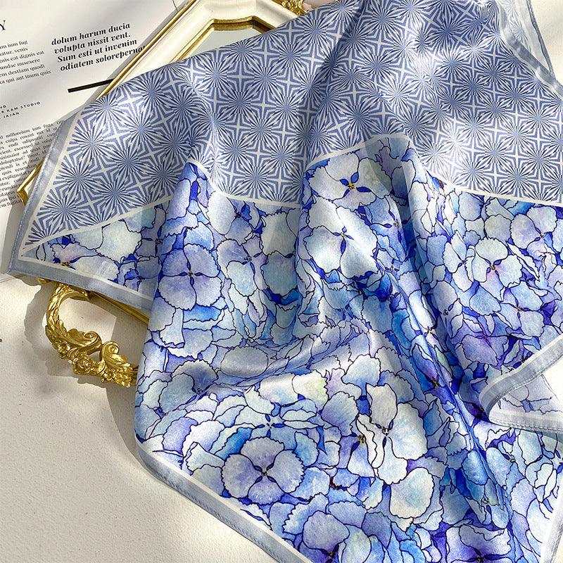 Blue flowers 100% mulberry Silk Scarf/Silk head scarf/Silk hair scarf/Silk neck scarf/Mother&