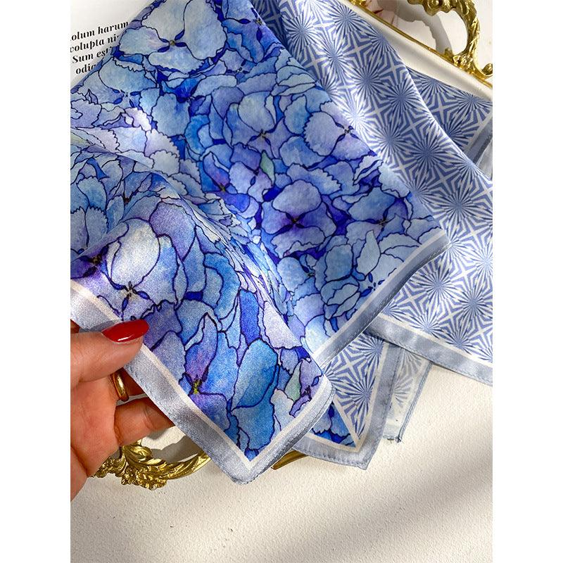 Blue flowers 100% mulberry Silk Scarf/Silk head scarf/Silk hair scarf/Silk neck scarf/Mother&