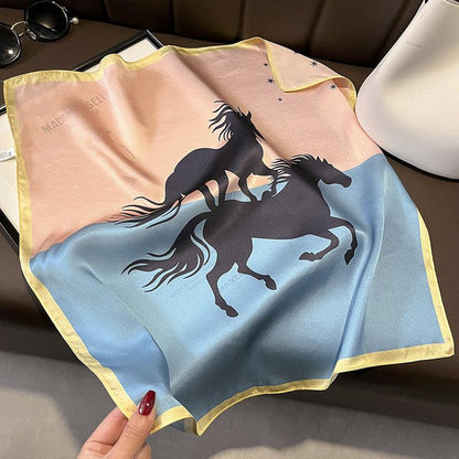 New 53cm 100% Mulberry Silk Scarf/Patchwork Horse Print/Fashionable and Versatile Style/Small Square Scarf for Spring and Autumn/Gift for her