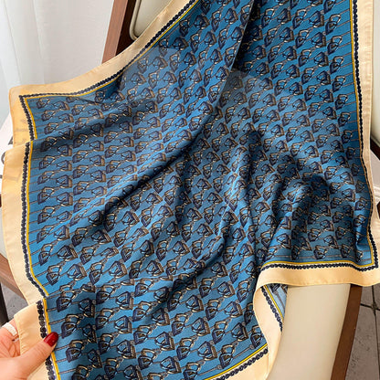 Jewel blue stirrup pattern 70cm square scarf, Silk textured scarf, Sun protection satin scarf, Neck scarf, Satin Shawl, Gift