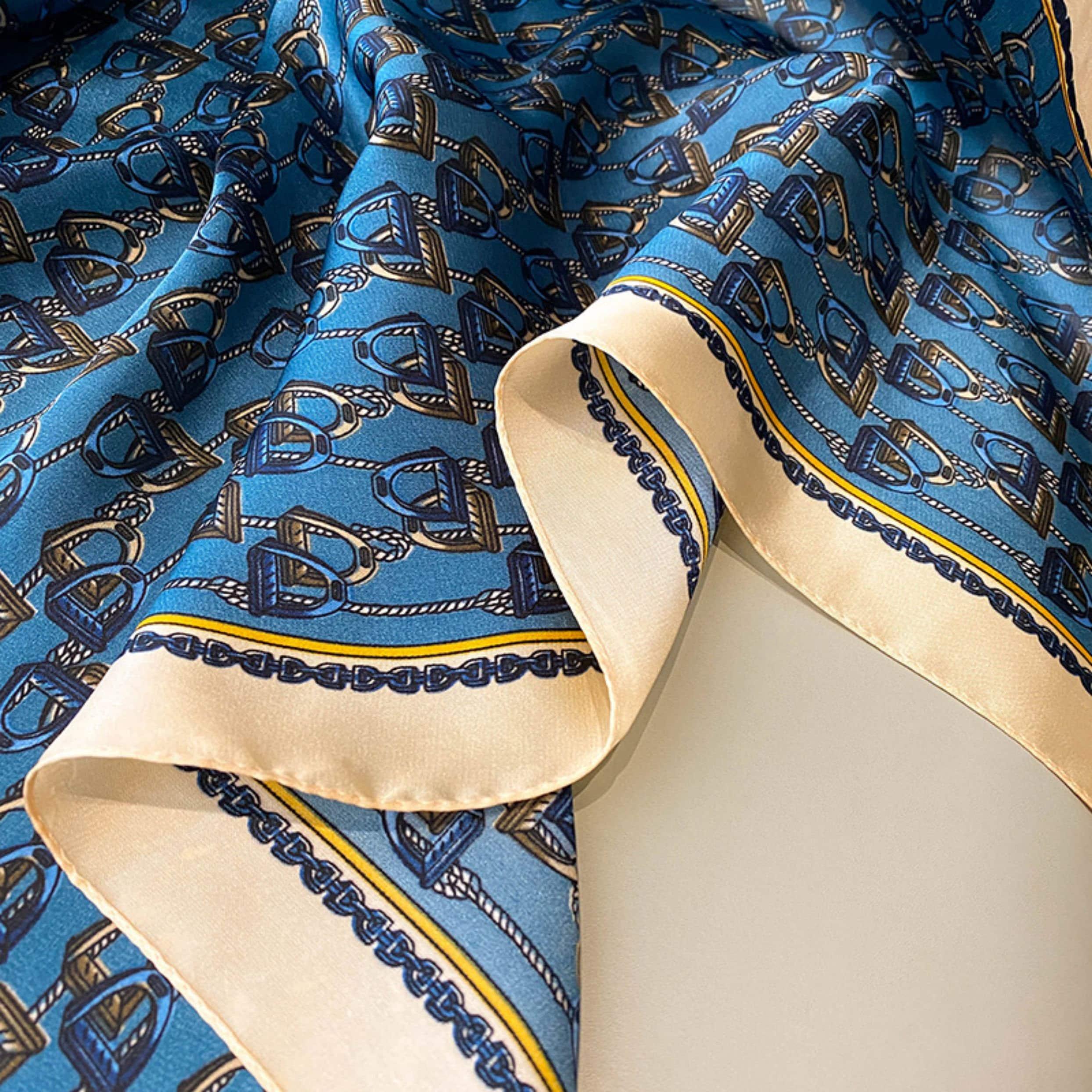 Jewel blue stirrup pattern 70cm square scarf, Silk textured scarf, Sun protection satin scarf, Neck scarf, Satin Shawl, Gift