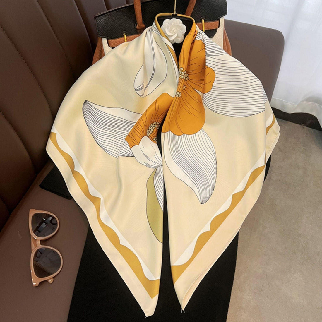 Yellow Flora Chic Large Satin Scarf | 90x90cm Bandana | Twill Satin Shawl | Perfect Gift for Her, Mother&