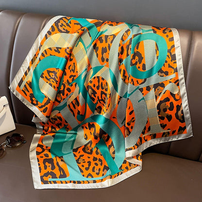 Leopard print letters 70cm square scarf, Silk textured scarf, Sun protection satin scarf, Neck scarf, Satin Shawl, Gift