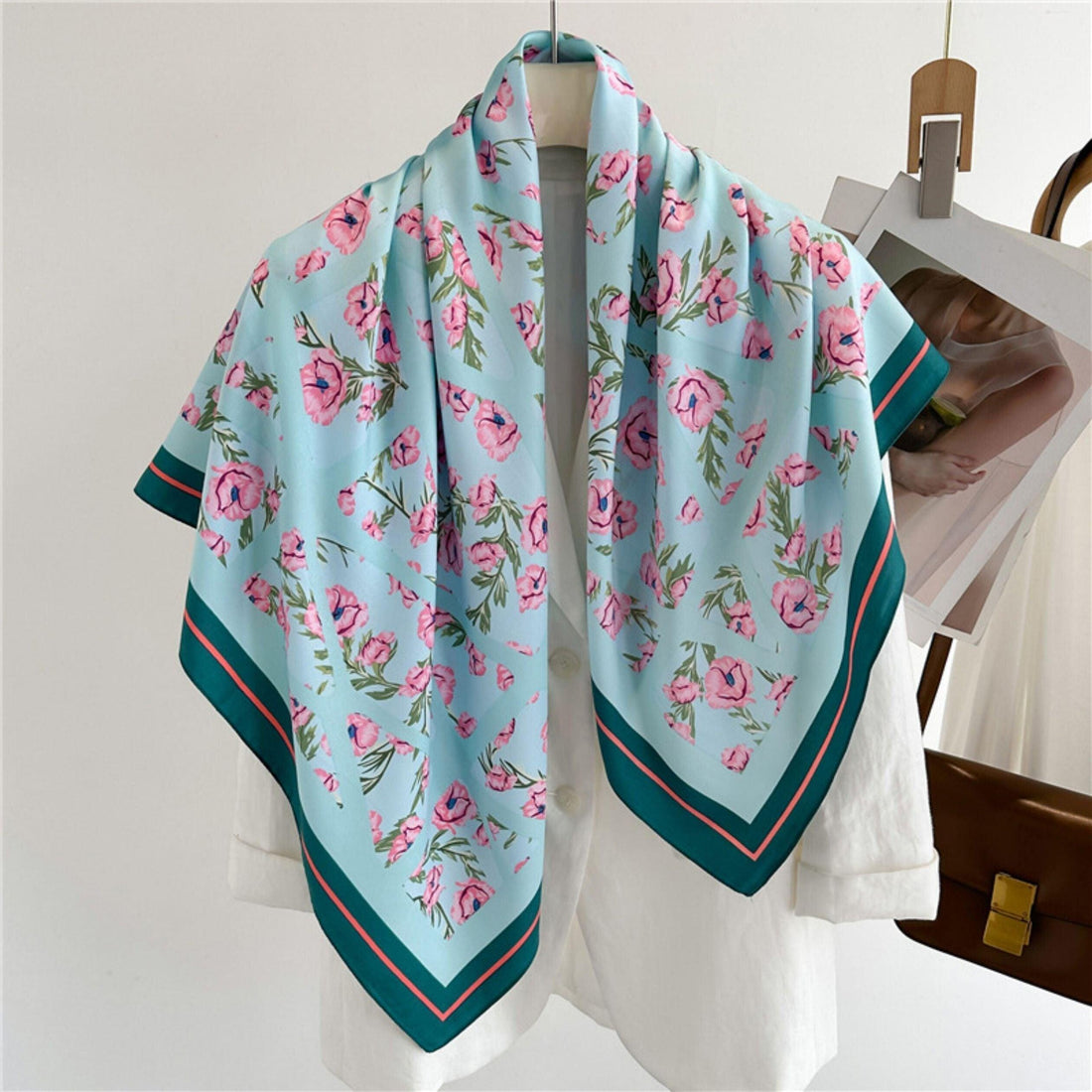 Pale Blue Flora Chic Large Satin Scarf | 90x90cm Bandana | Twill Satin Shawl | Perfect Gift for Her, Mother&