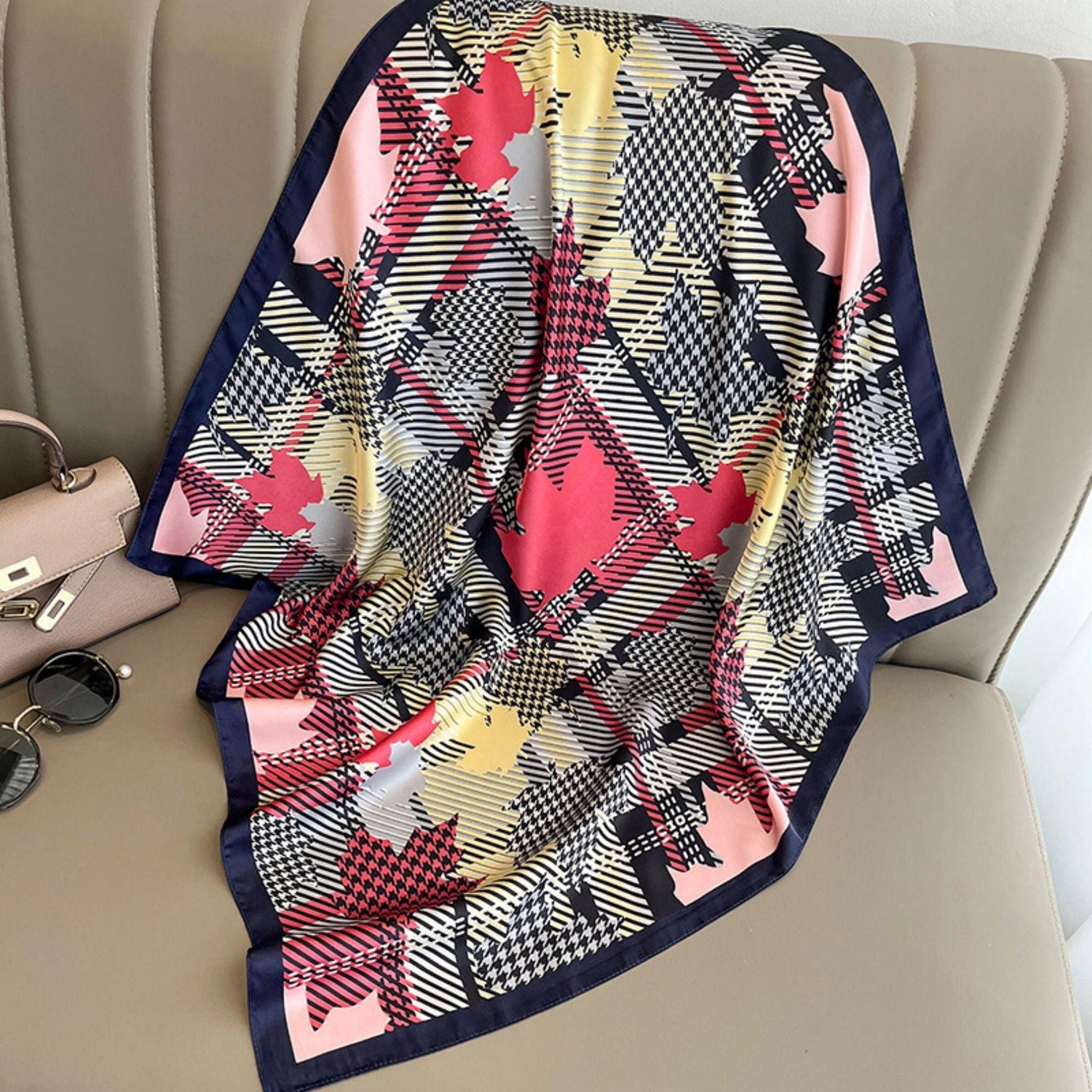 Korean Style Thousand Bird Check 70cm square scarf, Silk textured scarf, Sun protection satin scarf, Neck scarf, Satin Shawl, Gift