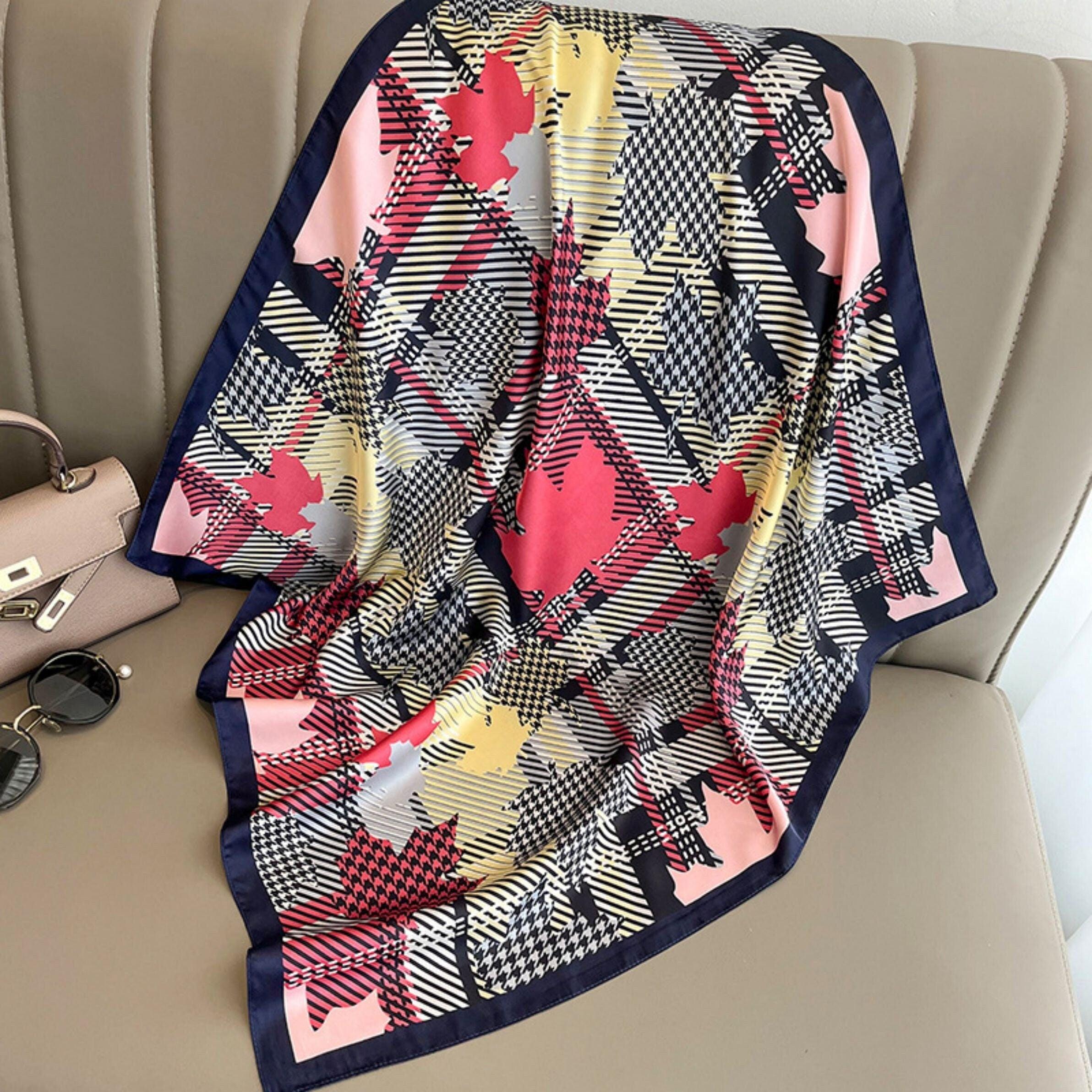 Korean Style Thousand Bird Check 70cm square scarf, Silk textured scarf, Sun protection satin scarf, Neck scarf, Satin Shawl, Gift