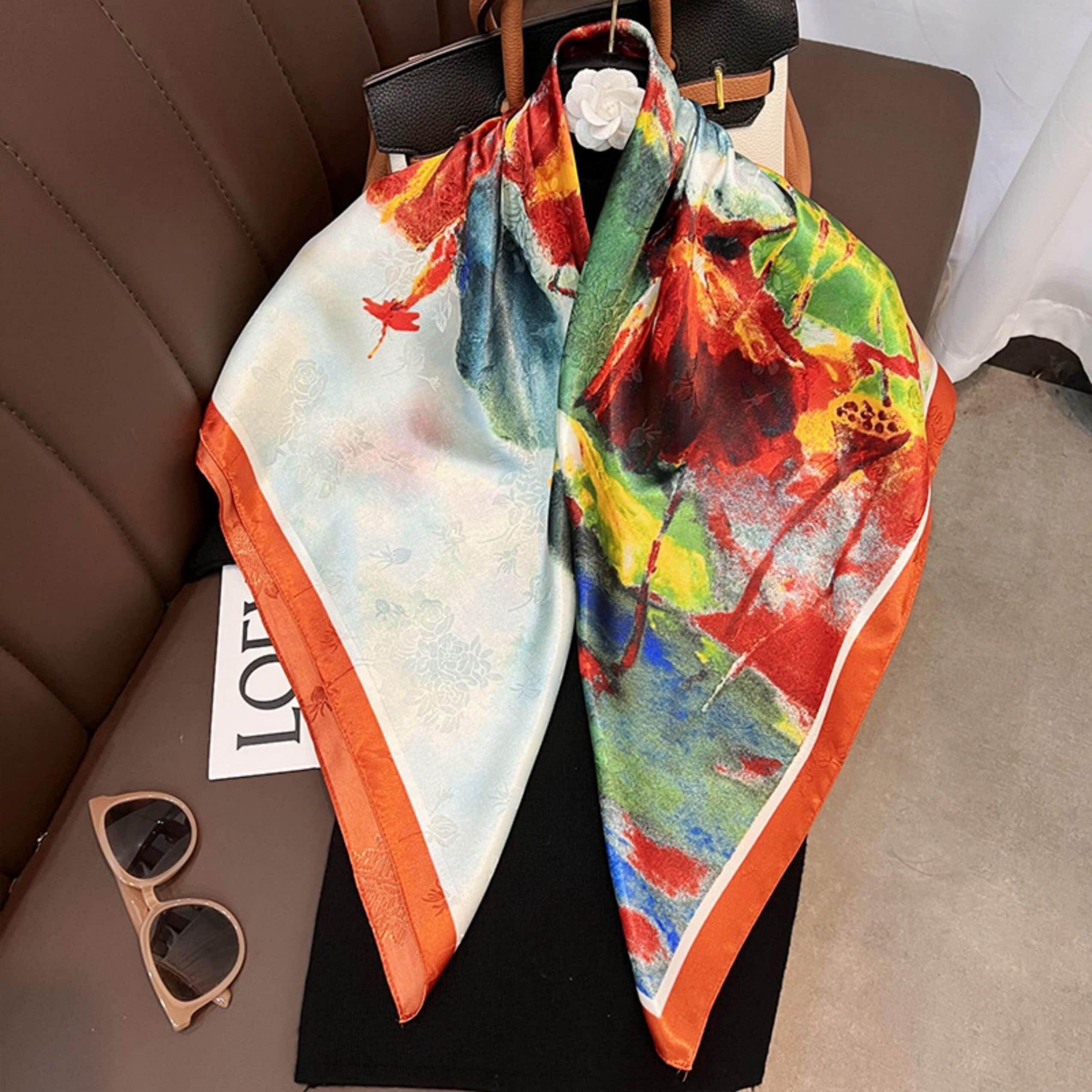 Oil Painting Chic Large Satin Scarf | 90x90cm Bandana | Twill Satin Shawl | Perfect Gift for Her, Mother&