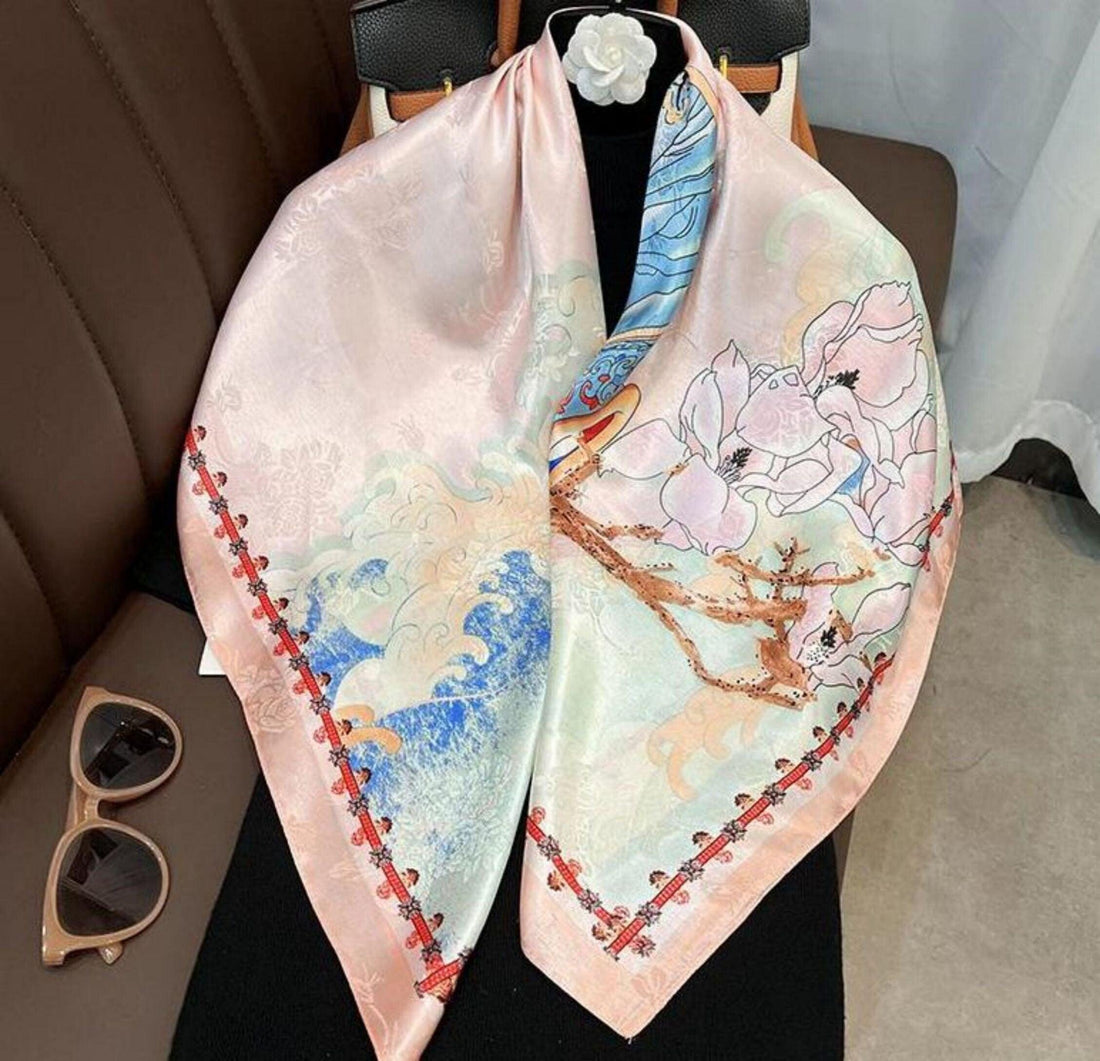 Pink Flora Chic Large Satin Scarf | 90x90cm Bandana | Twill Satin Shawl | Perfect Gift for Her, Mother&