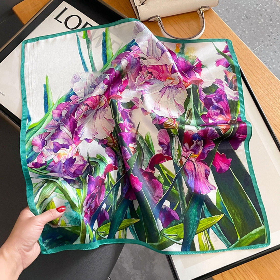 Ölgemälde Blumenmuster 100 % Maulbeerseidenschal/Seidenkopfschal/Seidenhaarschal/Muttertagsgeschenke/Taschenaccessoire/Geschenk für Sie